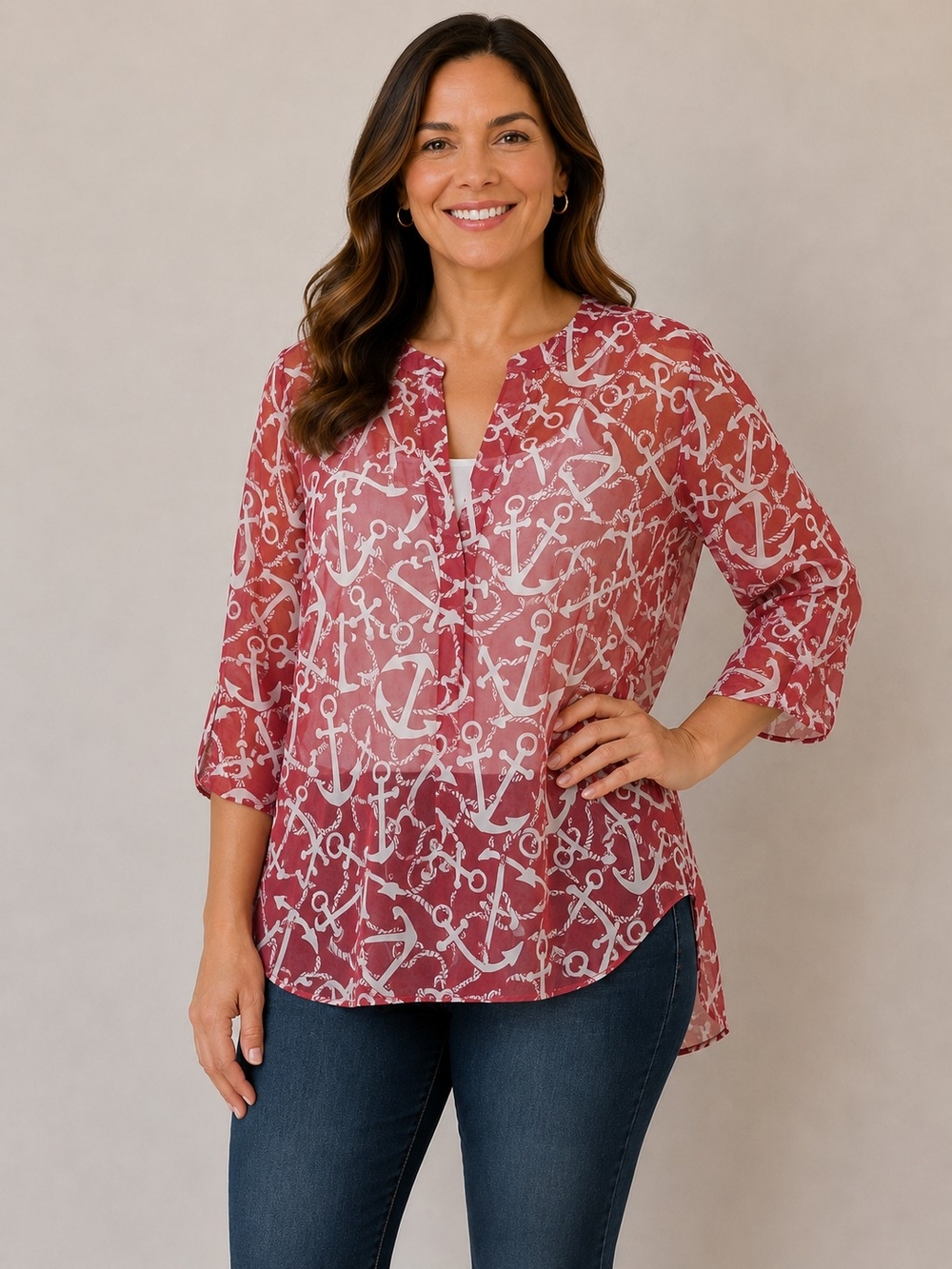 indigo soul Sheer Anchor-Print Split-Neck Tunic - Red & White Size XL